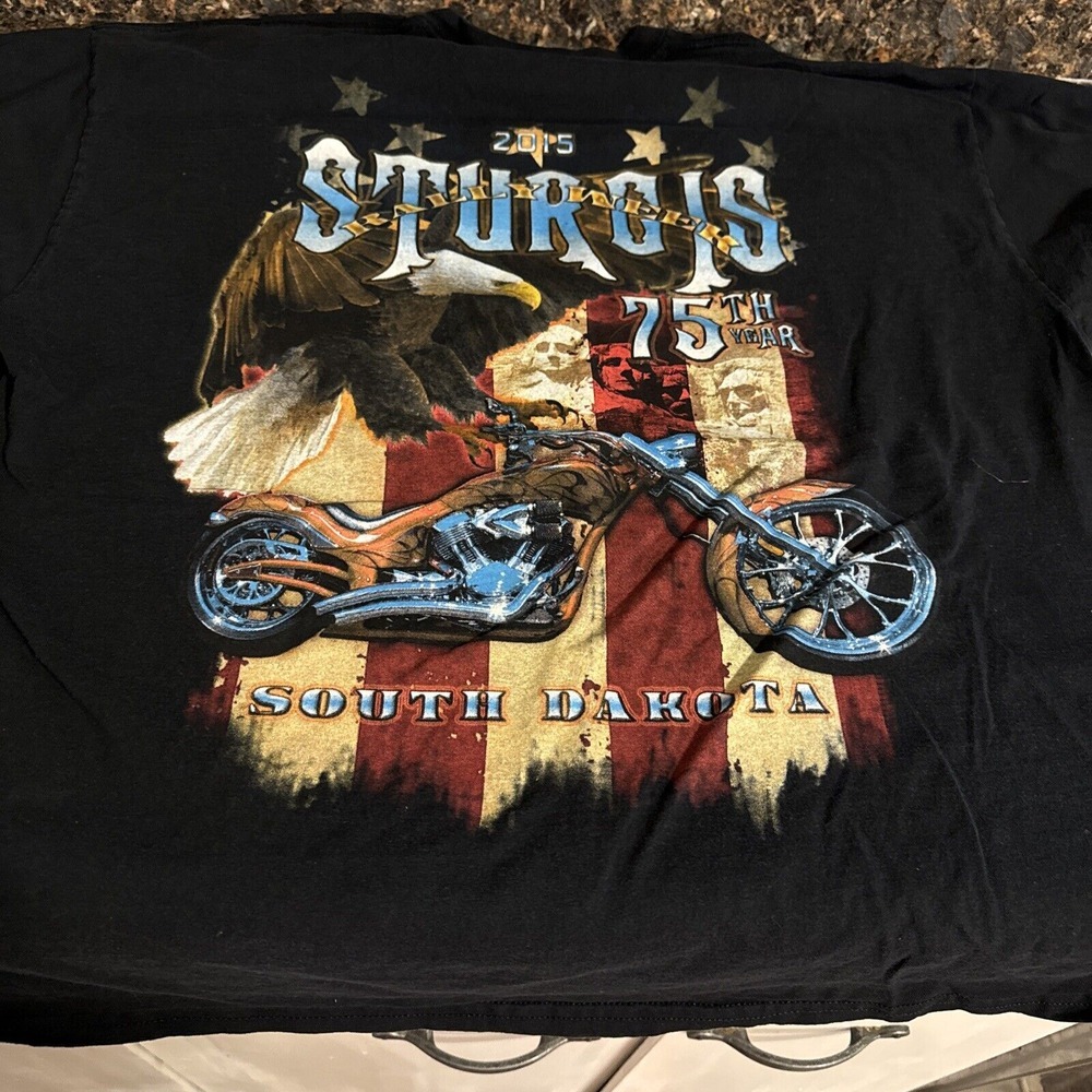 Sturgis 75th Rally 2015 Black -Cotton Shirt Size XXL Eagle USA Flag Biker Grunge
